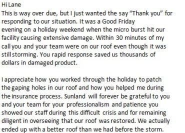 Testimonial letter thanking LL Hatcher Roofing for emergency response
